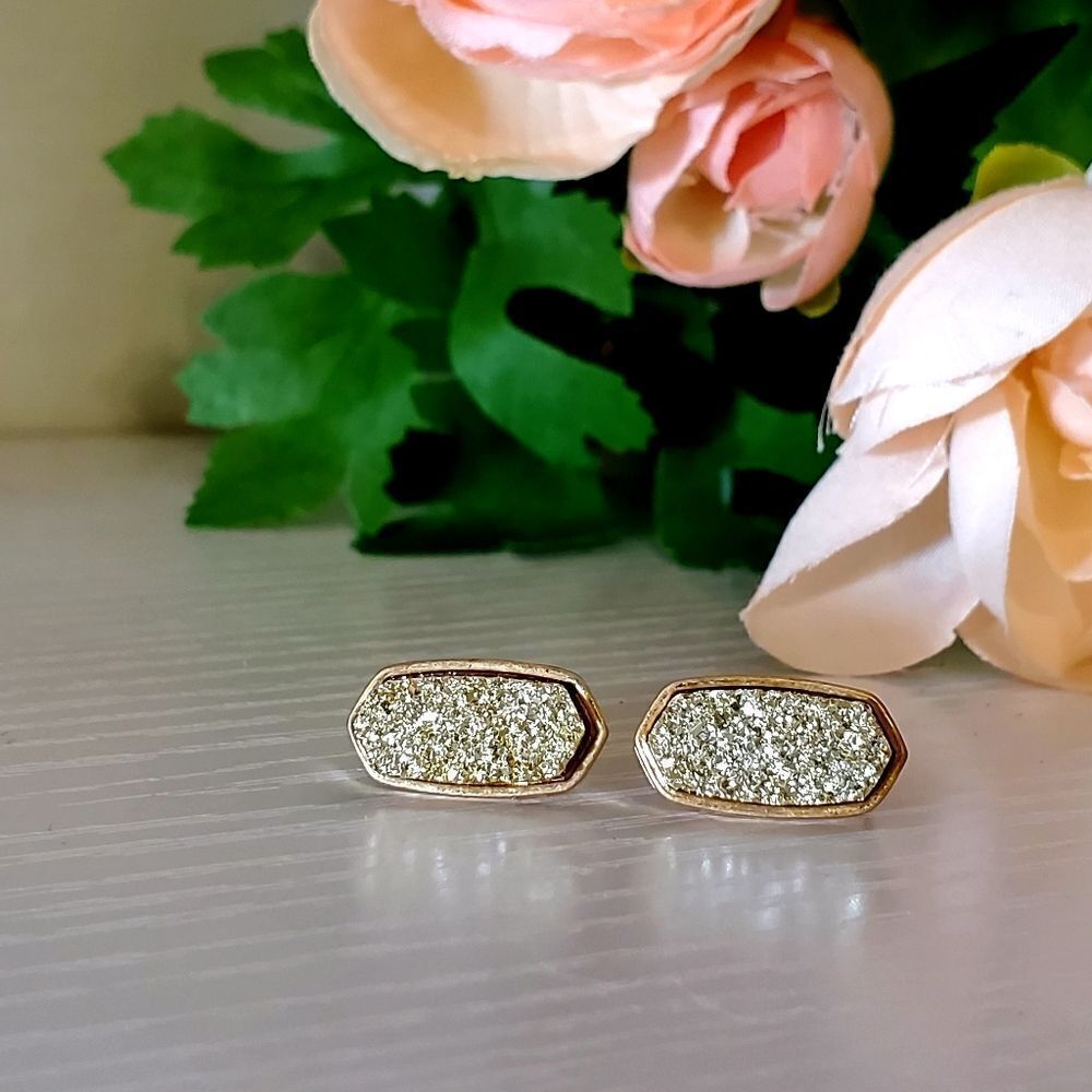 GOLD Druzy Elongated Hexagon Stud Earrings